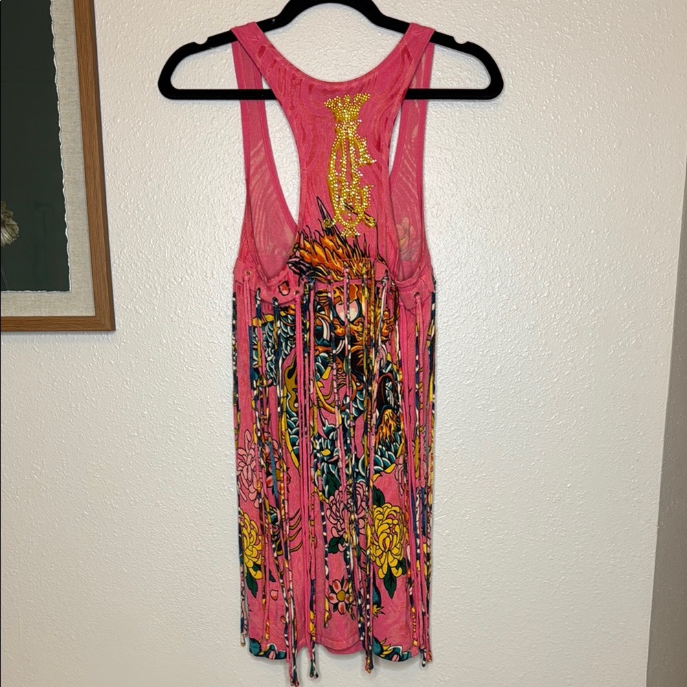 Christian Audigier Pink Tank Sweater Dress w Graphic Design Fringe‎ Y2K - Picture 13 of 17